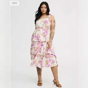 Torrid Floral Tiered Midi Dress in Cream and Pink 0X NWOT